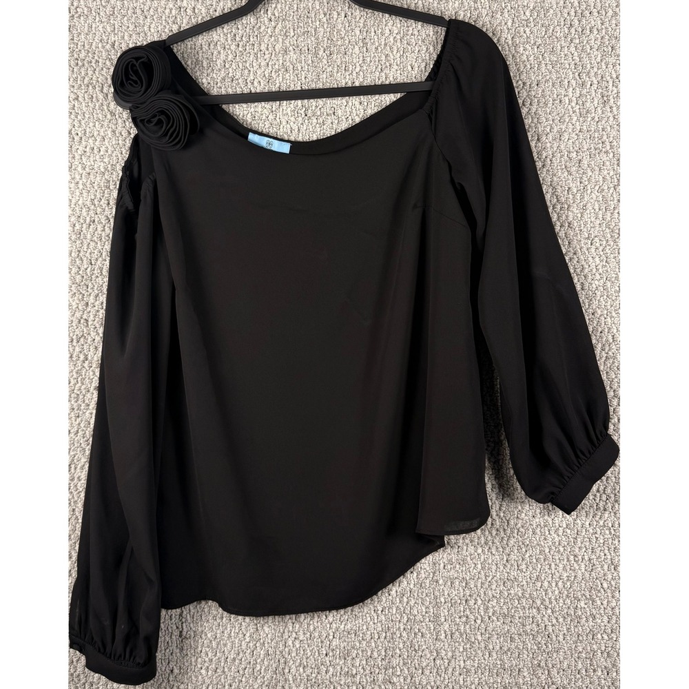 CeCe Rosette Cold Shoulder Blouse Top Size M Black Asymmetrical Long Sleeve